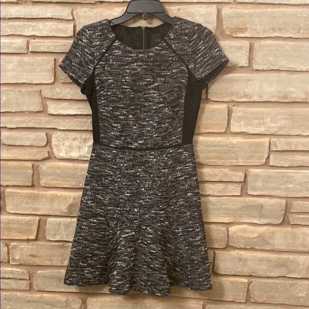 J Crew Black Gray White Mixed Tweed Panel Fit and Flare Flounce Dress Size XXS - Picture 6 of 11